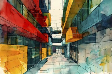 Poster - Dynamic watercolor of a colorful urban corridor with abstract geometric shapes, AI generated