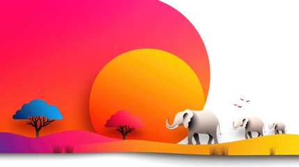 Fototapete - harmonious line connection of wild elephants in an open savanna, illustrating their journey towards a distant watering hole during sunset