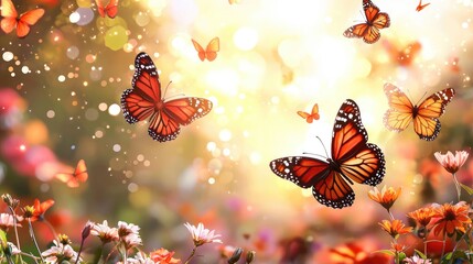 Fototapete - subtle line connection of vibrant butterflies in a blooming meadow, fluttering over wildflowers with a soft bokeh background