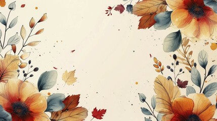 Poster - Watercolor autumn scene with orange flowers and blue leaves on a beige background, depicting vibrant nature, AI generated