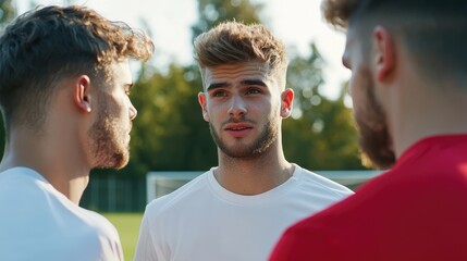 Fototapete - High-impact line connection in a soccer game, players coordinating a strategy, intense expressions, clean neutral setting