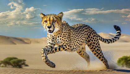 Poster - AI generated, animal, animals, mammal, mammals, biotope, habitat, one, individual, foraging, wildlife, cheetah (Acinonyx jubatus), motion study, runs, chases, hunting, dynamic, power, scents, prey, dust swirls up, sideways