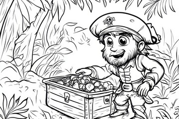 Sticker - Pirate with Treasure in Jungle Coloring Page