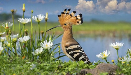 Wall Mural - KI generated, animal, animals, bird, birds, biotope, habitat, a, individual, water, reeds, water lilies, blue sky, foraging, wildlife, hoopoe (Upupa epops), treehoppers, summer, flowers