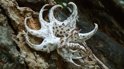 Poster - Closeup of a White and Brown-Spotted Flower Growing on Tree Bark