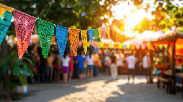 Line connection celebrating cultural diversity at a vibrant traditional festival with colorful decorations and attendees wearing cultural attire