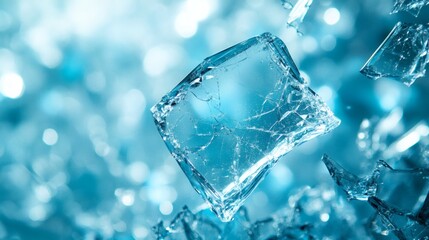 Fototapete - Scattered pieces of shattered blue glass a light abstract background forming a sharp fragmented design with translucent edges and reflective highlights