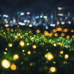 Poster - Green grass and glowing lights in the foreground with a city skyline and colorful bokeh lights in the background, conjuring a magical night, AI generated