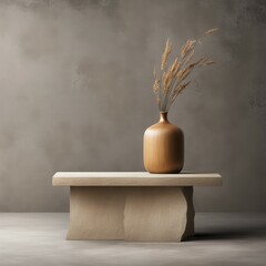 Poster - Single wooden vase with dry plants placed on a textured pedestal, creating a minimalist and earthy decor, AI generated