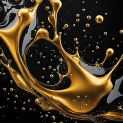 Poster - Glossy gold bubbles and liquid splash creating an abstract artistic form on a black background, AI generated