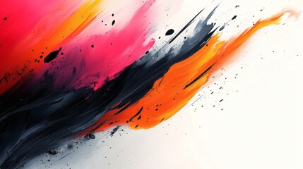 Poster - Sharp ink brush strokes splattered randomly a white background forming a vibrant abstract design with bold contrasts between the flowing ink and clean space