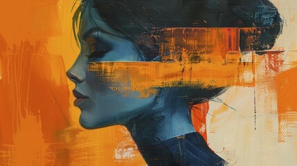 Wall Mural - Abstract digital portrait of a woman in profile view with a mix of blue and orange colors, evoking a thoughtful atmosphere, AI generated