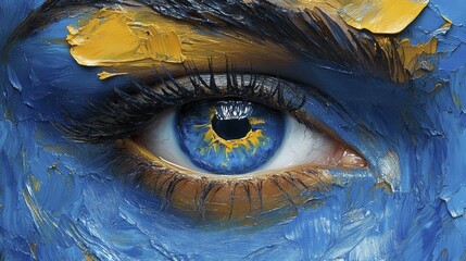 Poster - Detailed close-up of a single blue eye surrounded by textured blue and yellow paint, AI generated