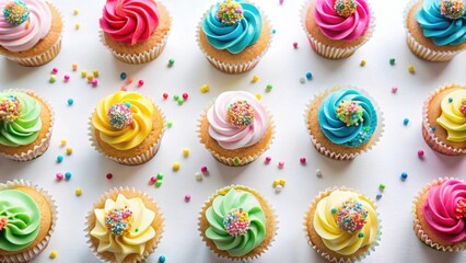 a delightful array of colorful cupcakes adorned with vibrant sprinkles, arranged in a pleasing patte