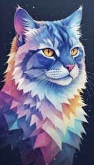 Poster - Digital art of a cat with yellow eyes, featuring a geometric and colorful design in shades of blue and purple, creating a cosmic feel, AI generated