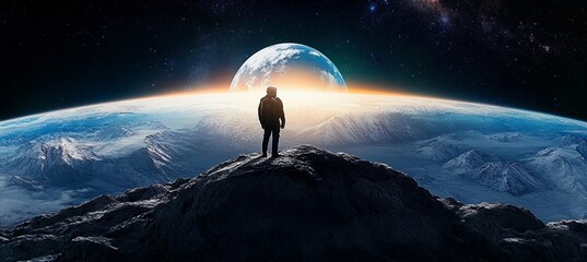 Wall Mural - lone astronaut contemplates distant earth from lunar mountain peak, space exploration concept