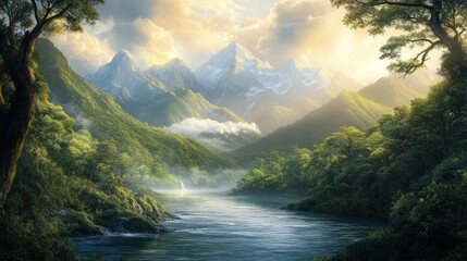 Wall Mural - Tranquil River Winding Through Majestic Mountains