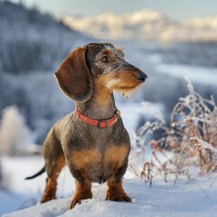 Wall Mural - Ai generated, A rough-haired dachshund looks forward to winter, Dachshund, Rough-haired dachshund, Dog, domestic dogs (Canis lupus familiaris), Family dog with hunting instinct, Autumn leaves, early onset of winter