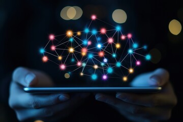 Poster - Close-Up of Hands Holding Tablet with Educational Concept and Network Visualization