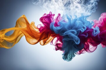 Poster - Bright swirls of blue, magenta, and orange smoke on a light background, Color Smoke, AI generated