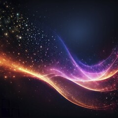 Poster - Curved lines of colorful light resembling a wave of stars in a dark background, portraying a futuristic and energetic feel, AI generated
