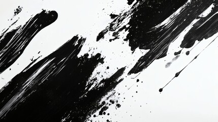 Fototapete - Sweeping ink brush strokes across white background with dynamic splashes forming bold abstract shapes full of raw energy and contrast