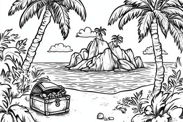 Canvas Print - Tropical Island Paradise Coloring Page with Treasure Chest