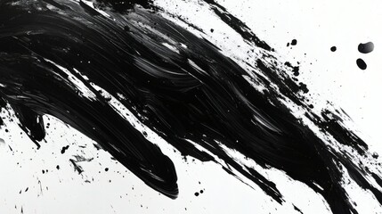 Poster - Thick black ink brush strokes creating dynamic splashes splatters on a white background evoking an expressive abstract pattern full of bold contrasts