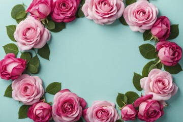 Poster - Light blue background with a wreath of pink roses and green leaves forming a circular frame, AI generated