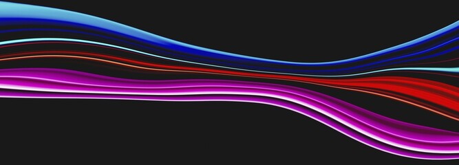 Leinwandbilder - Color wave on black background, pink blue neon colors flow, wide abstract art banner, copy space