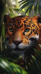 Aufkleber - This mesmerizing jaguar stands out in stunning neon rainbow colors, nestled in a dense jungle setting. Its captivating gaze reveals the beauty of this powerful creature in a tranquil environment