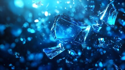 Fototapete - Translucent blue glass shards scattered randomly across dark background creating an abstract design with glowing highlights and sharp fragmented shapes