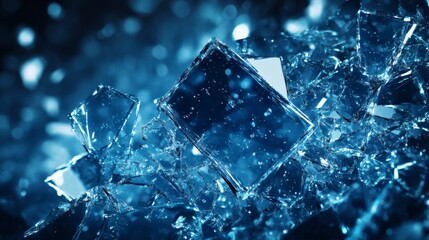 Fototapete - Translucent blue glass shards scattered randomly across dark background creating an abstract design with glowing highlights and sharp fragmented shapes