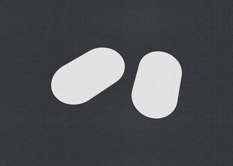 Poster - Two rounded white rectangles on a dark background create a clean geometric arrangement, Blank white Business card mockup stacks at grey textured paper background