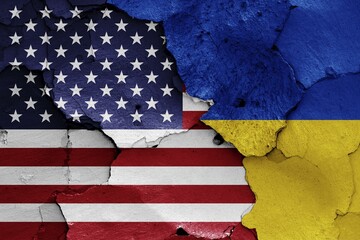 Wall Mural - Flags of USA and Ukraine painted on cracked wall