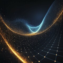 Poster - Flowing digital lines and particles in orange and blue with a grid pattern on a dark background, symbolizing energy, AI generated