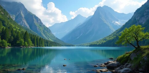 Wall Mural - towering mountain peaks surrounding a serene lake, nature, tree