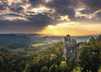 Wall Mural - Mönch summit at sunrise, Schrammsteine around the Bastei, Elbe Valley, Elbe Sandstone Mountains, Rathen, Saxon Switzerland National Park, Saxony, Germany, Europe