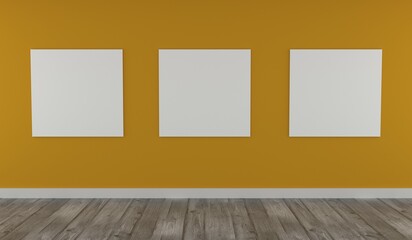 Leinwandbilder - Modern interior with three canvas on a yellow wall, mock up poster, 3d rendering