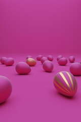 Leinwandbilder - Many pink Easter eggs with golden egg on a pink background, modern Easter background, 3d rendering