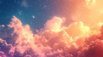 Poster - Vibrant background featuring fluffy clouds soft pastel tones with sparkling stars scattered across a dreamy gradient sky creating a magical and serene atmosphere in vibrant colors
