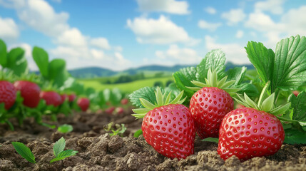 Wall Mural - Fresh strawberries growing naturally in lush field under bright sky. vibrant red fruit contrasts beautifully with green leaves and rich soil, creating picturesque scene of nature bounty