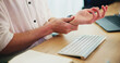 © peopleimages.com - Hands, man and wrist pain with keyboard in office for arthritis, carpal tunnel syndrome and typing injury. Person, strain with pressure and medical accident, ergonomic workspace and massage muscle