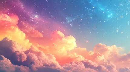 Poster - Vibrant colorful sky filled sparkling stars and fluffy clouds in soft pastel tones creating a magical celestial landscape with a serene and peaceful atmosphere of wonder
