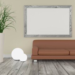 Leinwandbilder - Big Mock up poster in a modern room with a bright wall and wooden floor, 3d rendering