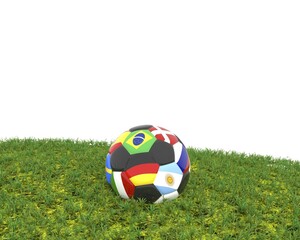 Leinwandbilder - Soccer ball on grass with the different flags, 3d rendering