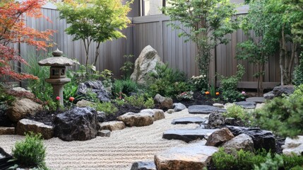 Wall Mural - Serene Zen Garden with Stone Lantern and Gravel Path