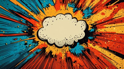 Poster - Vibrant comicstyle background featuring large speech bubble in midexplosion surrounded by bursts of color and jagged lines evoking a classic popart feel