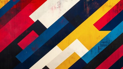 Fototapete - Vibrant diagonal lines shades of red blue and yellow crisscross over a geometric background creating dynamic energy with sharp angular patterns