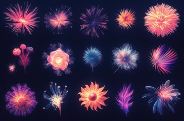 Poster - Colorful Abstract Flowers and Starburst Designs in a Dark Background Providing Bright Vibrant Visual Effects for Creative Projects and Digital Art